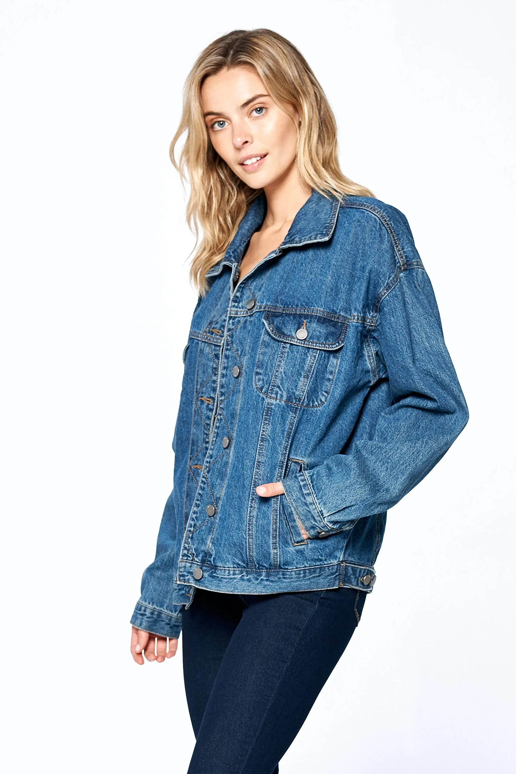 Khanomak Women's Long Sleeve Vintage Oversized Denim Jean Jacket