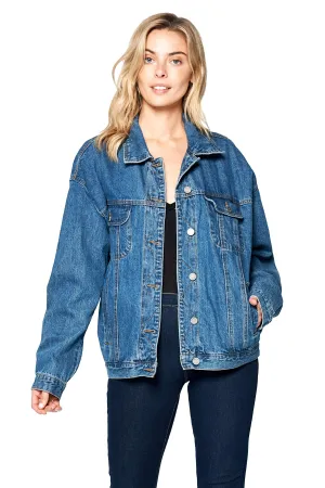 Khanomak Women's Long Sleeve Vintage Oversized Denim Jean Jacket