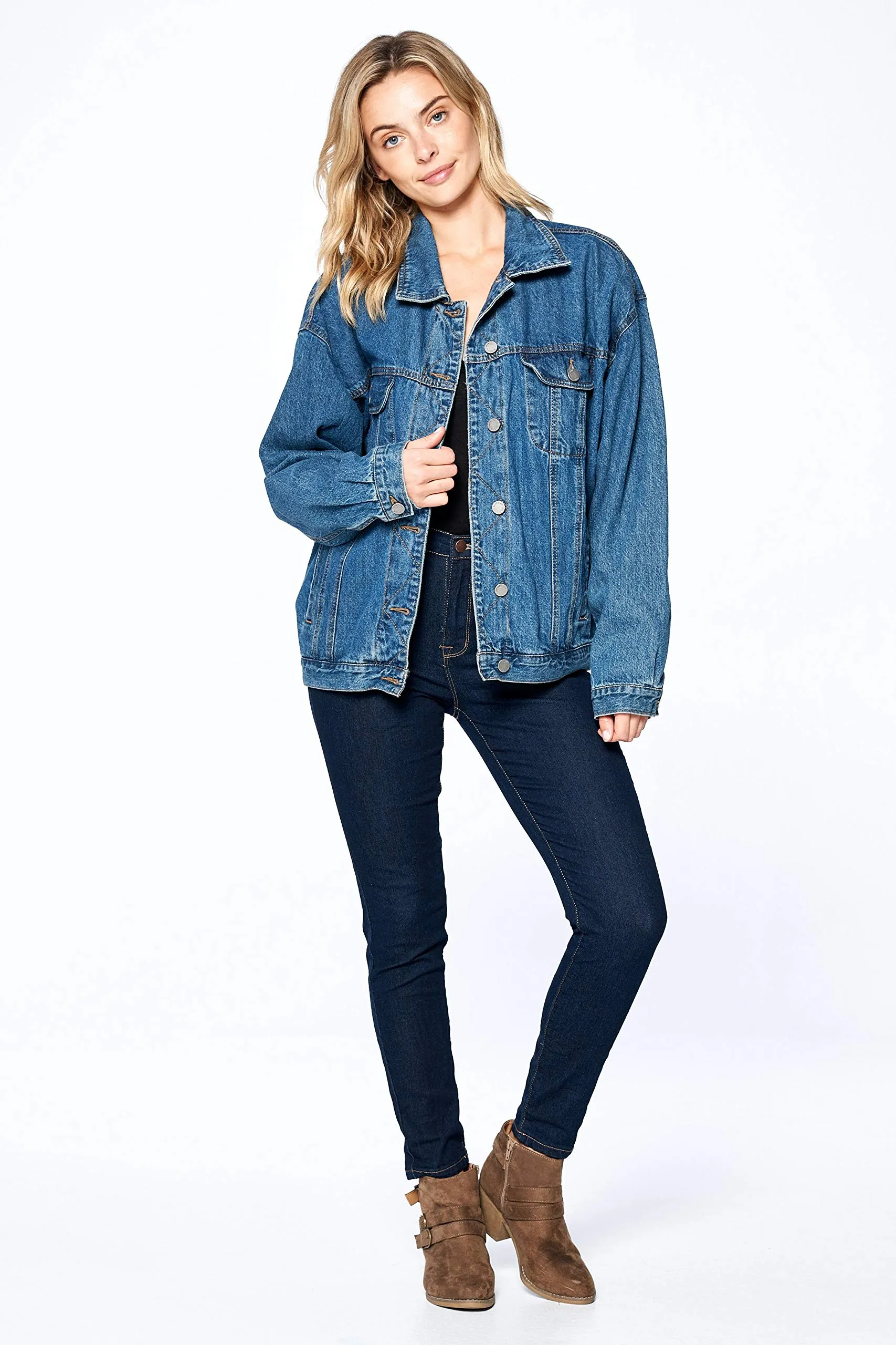 Khanomak Women's Long Sleeve Vintage Oversized Denim Jean Jacket