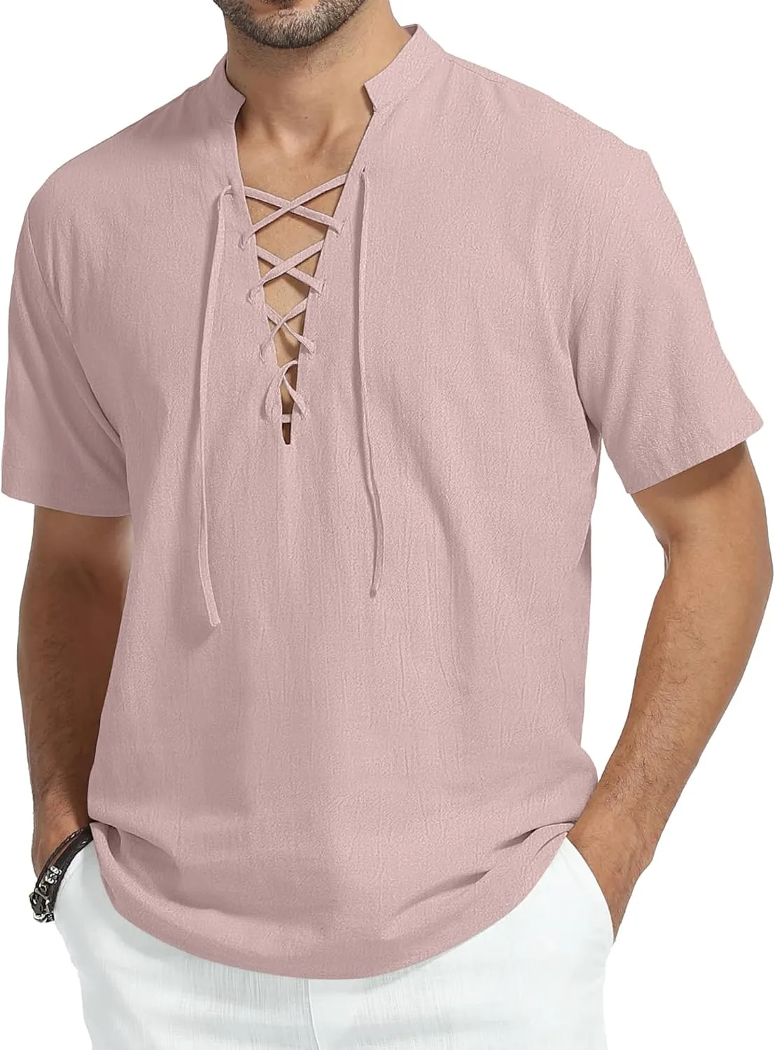 KUYIGO Men's Cotton Linen Shirt Pirate Vintage Short Sleeve Lace Up Renaissance Costume Beach Top