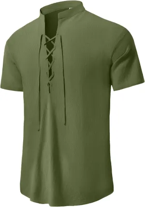 KUYIGO Men's Cotton Linen Shirt Pirate Vintage Short Sleeve Lace Up Renaissance Costume Beach Top
