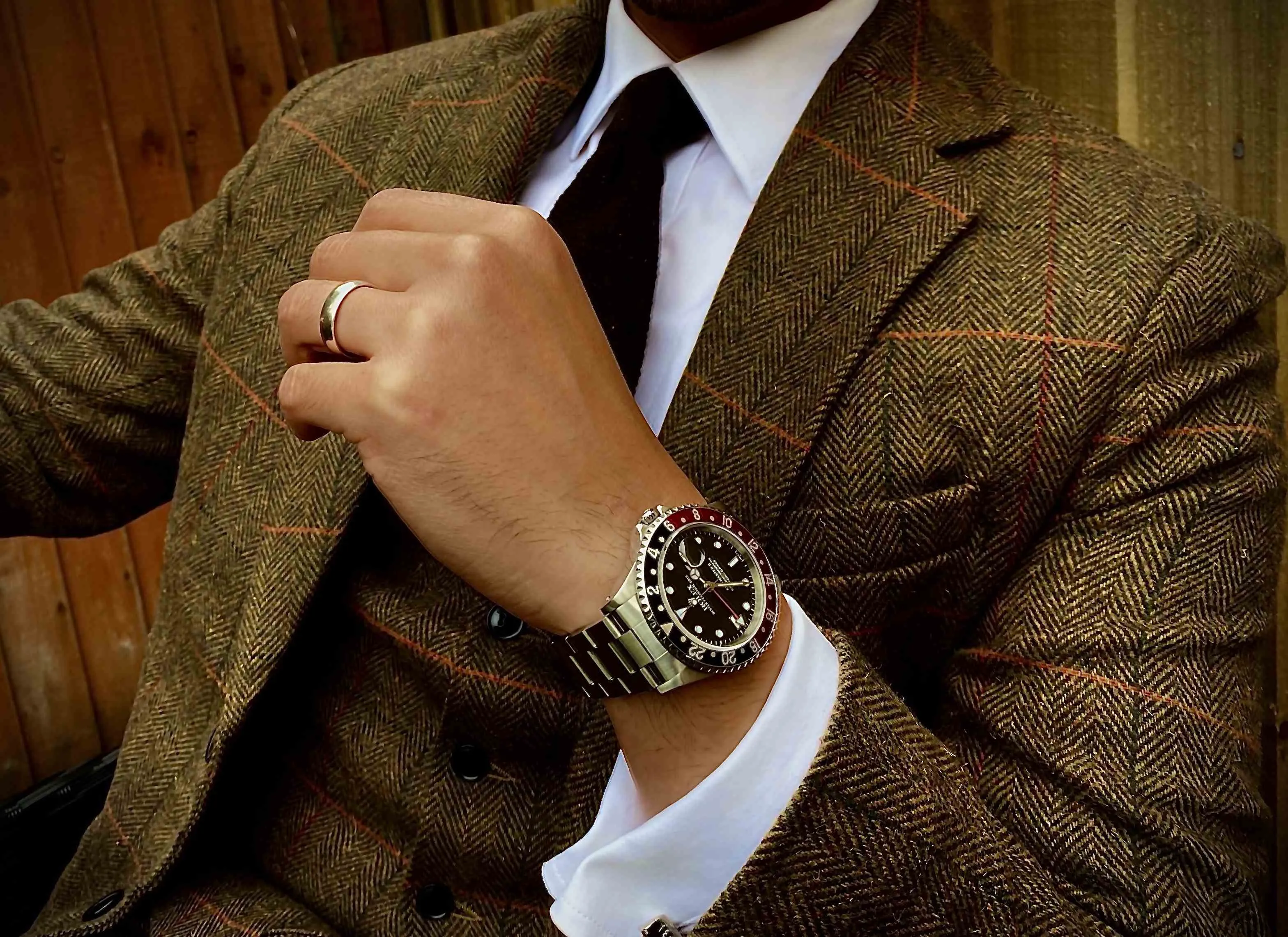 Larger Brown Herringbone With Orange, Black & Red Windowpane 3 Piece Tweed Suit