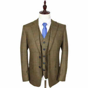 Larger Brown Herringbone With Orange, Black & Red Windowpane 3 Piece Tweed Suit