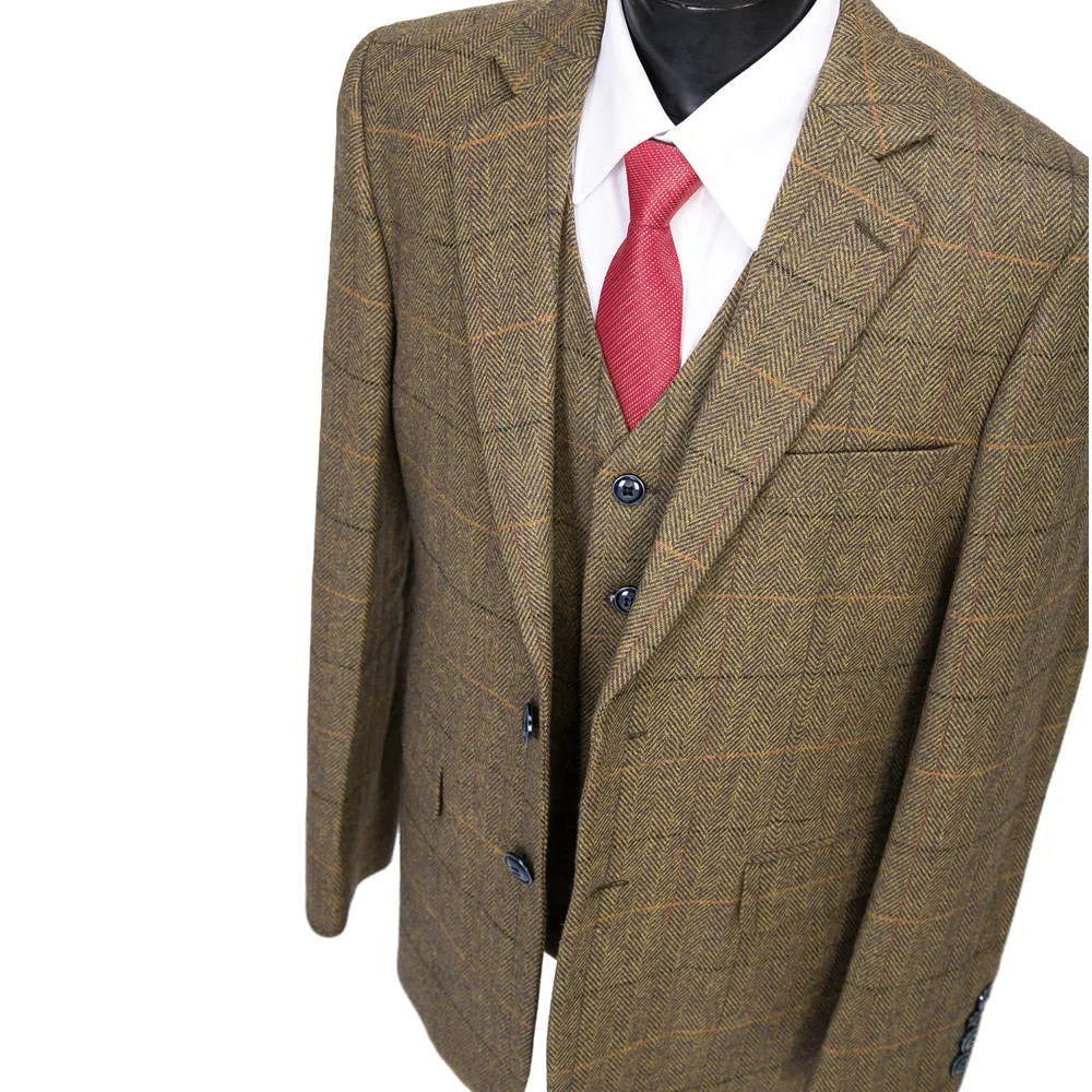 Larger Brown Herringbone With Orange, Black & Red Windowpane 3 Piece Tweed Suit