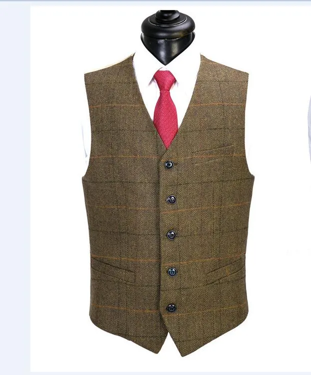 Larger Brown Herringbone With Orange, Black & Red Windowpane 3 Piece Tweed Suit