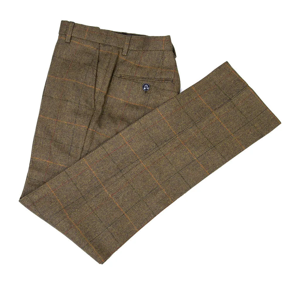 Larger Brown Herringbone With Orange, Black & Red Windowpane 3 Piece Tweed Suit