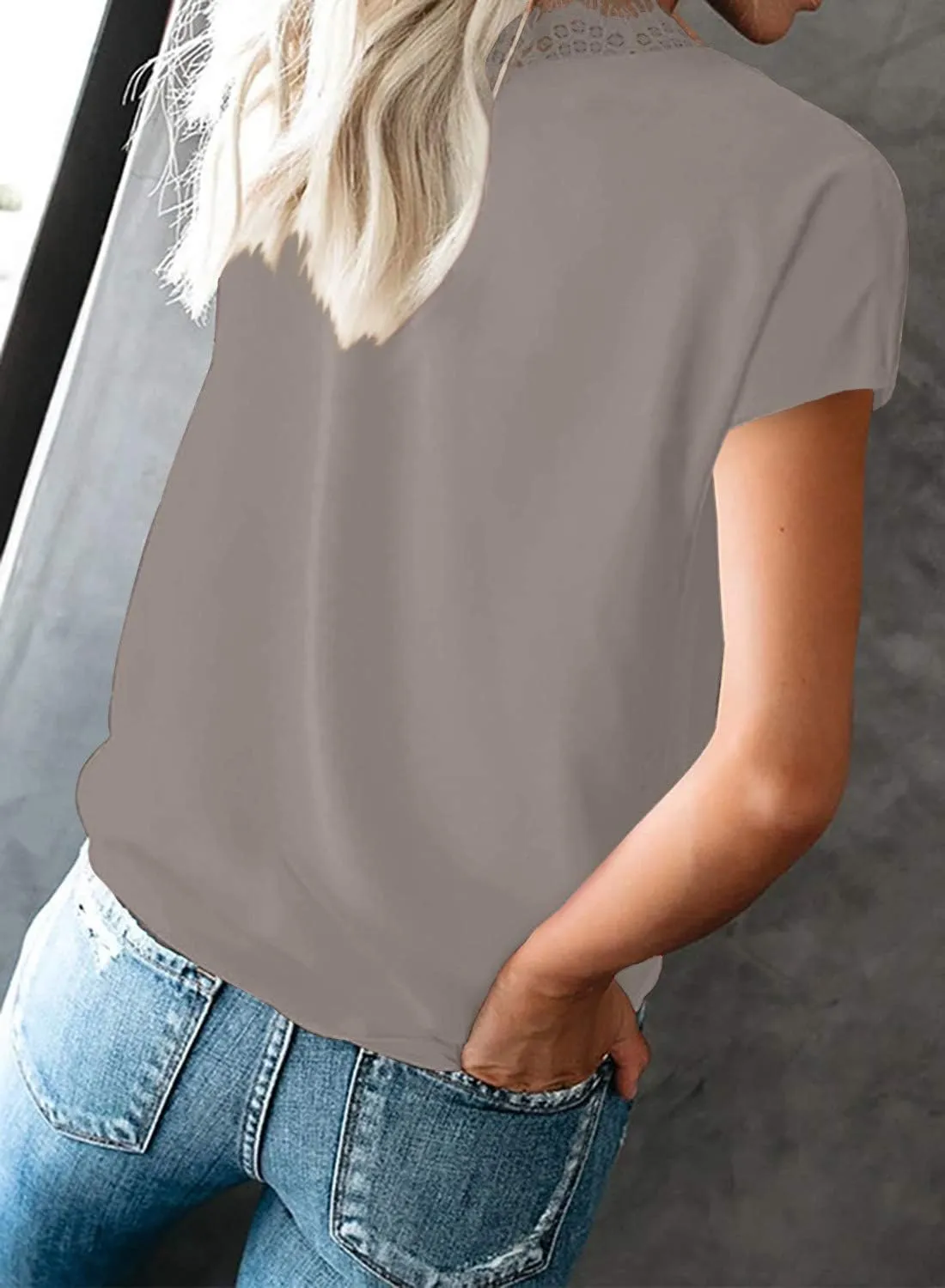 lime flare Dressy Lace Trim Blouse Tops Popular Short Sleeve Shirt