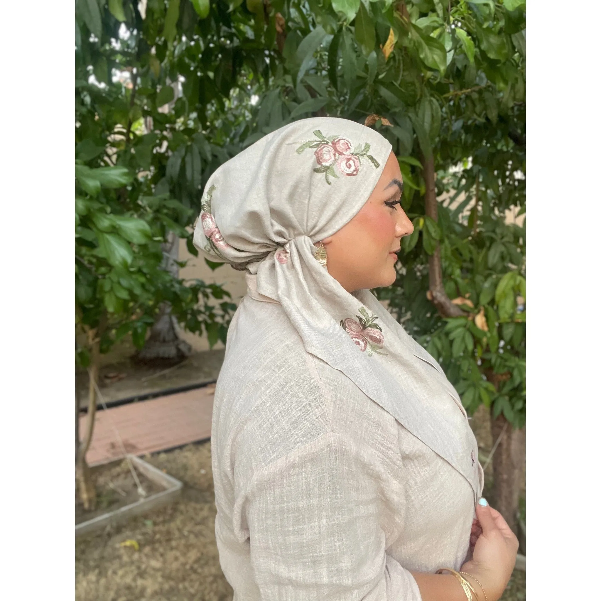 Linen Embroidered Pretied w/ VELVET HEADBAND & Adjustable Circumference - Neutral