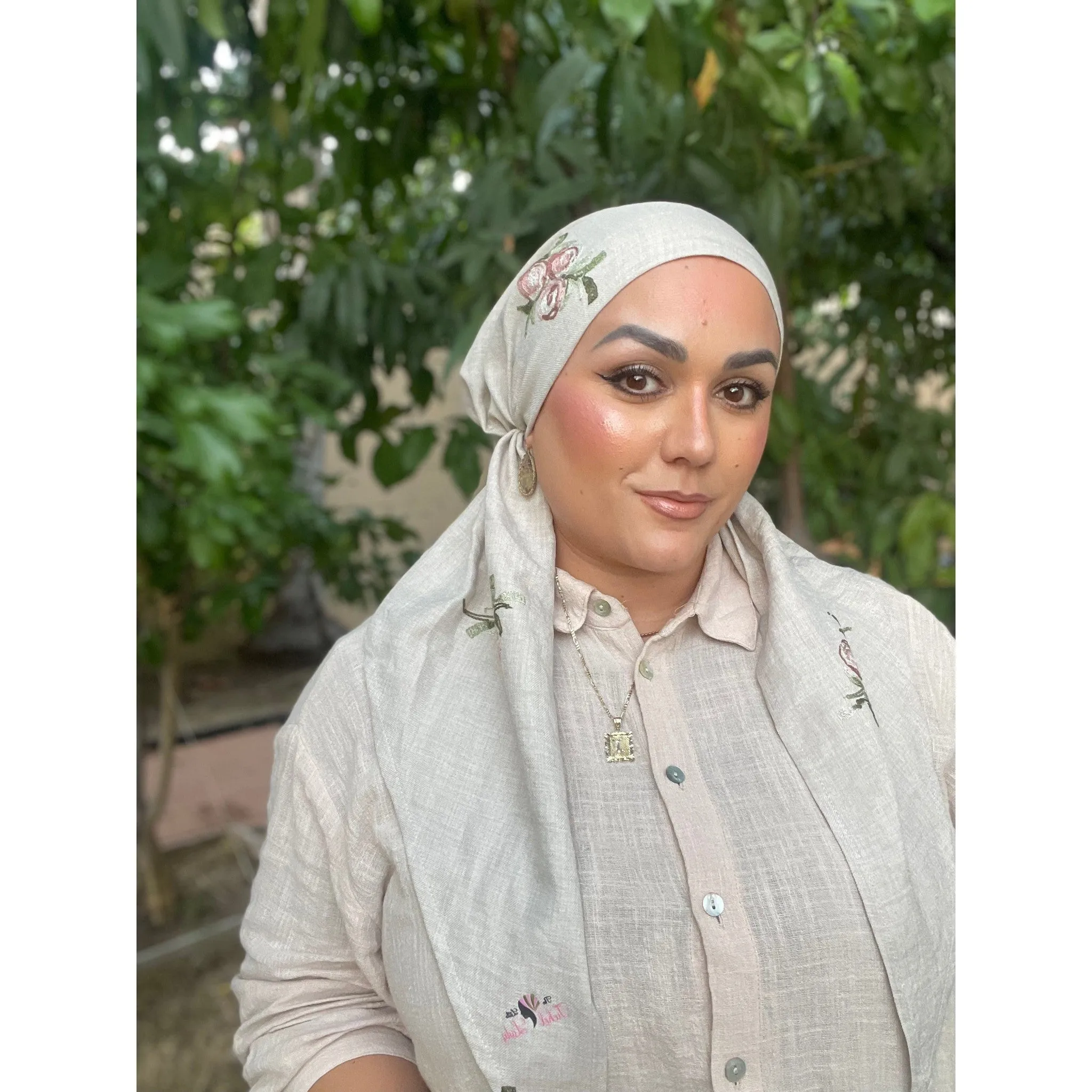 Linen Embroidered Pretied w/ VELVET HEADBAND & Adjustable Circumference - Neutral