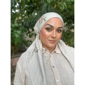 Linen Embroidered Pretied w/ VELVET HEADBAND & Adjustable Circumference - Neutral