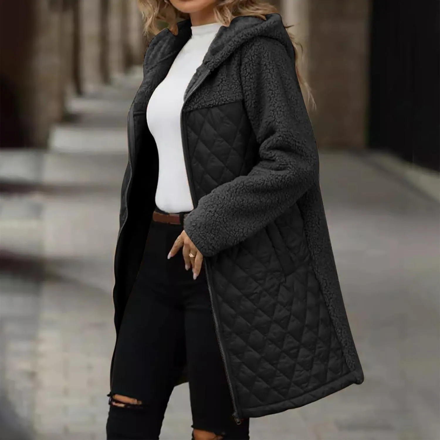 Long Fleece Jacket Women Zip Up Puffer Jacket Casual Sherpa Fuzzy Hoodie Oversized Fall Warm Winter Coat Outerwear