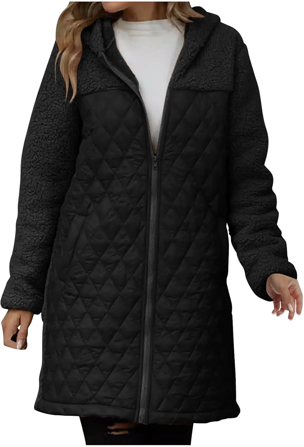 Long Fleece Jacket Women Zip Up Puffer Jacket Casual Sherpa Fuzzy Hoodie Oversized Fall Warm Winter Coat Outerwear
