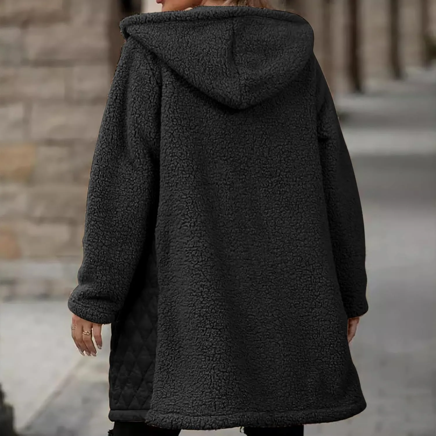 Long Fleece Jacket Women Zip Up Puffer Jacket Casual Sherpa Fuzzy Hoodie Oversized Fall Warm Winter Coat Outerwear