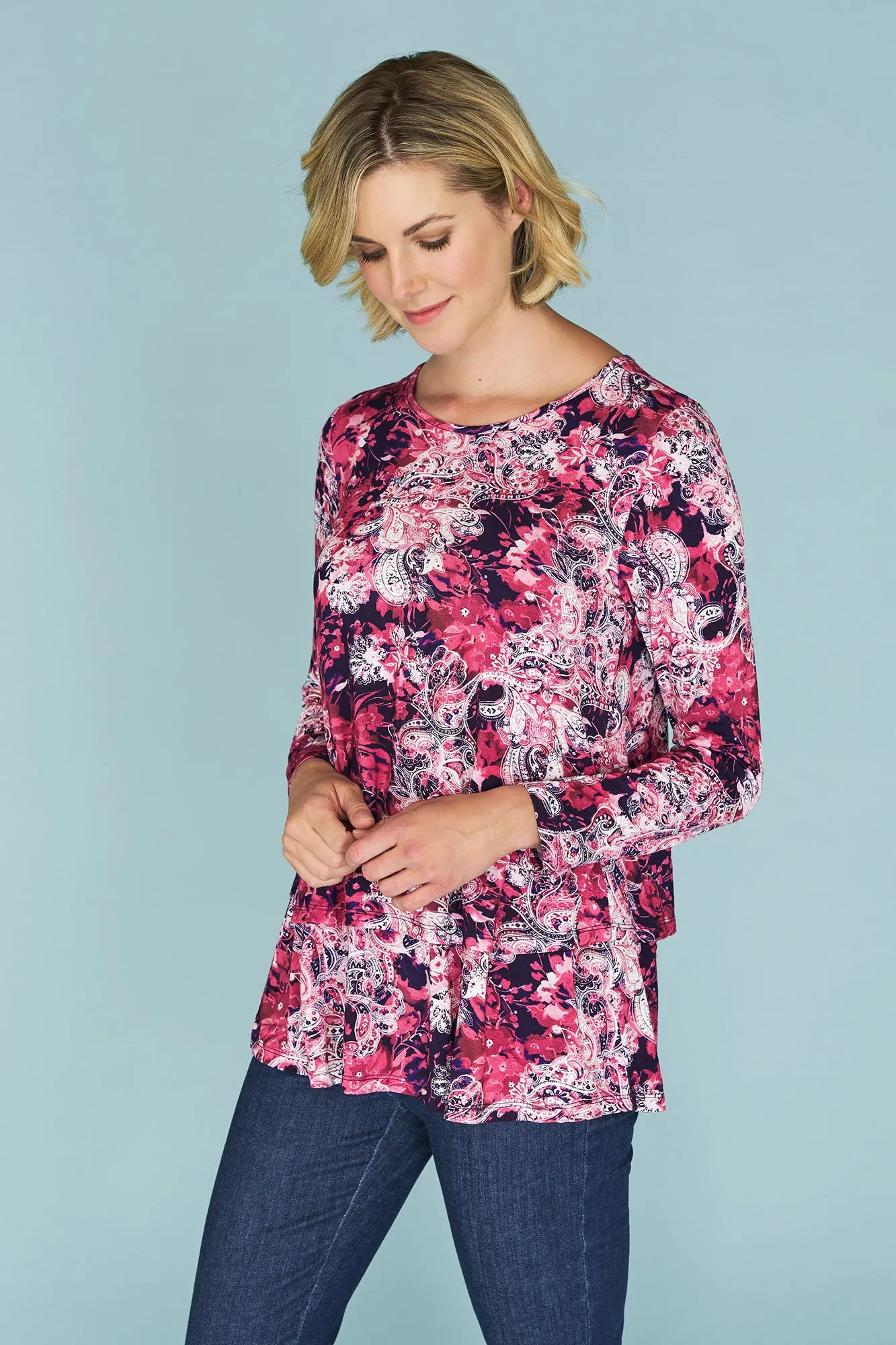 Long Sleeve Layered Tee - Purple Paisley Print