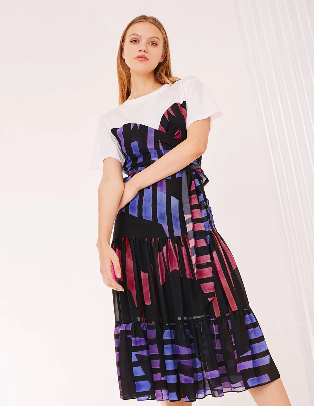 MARK FAST WOMEN GEORGETTE STRIPE PRINT PATCH SKIRT
