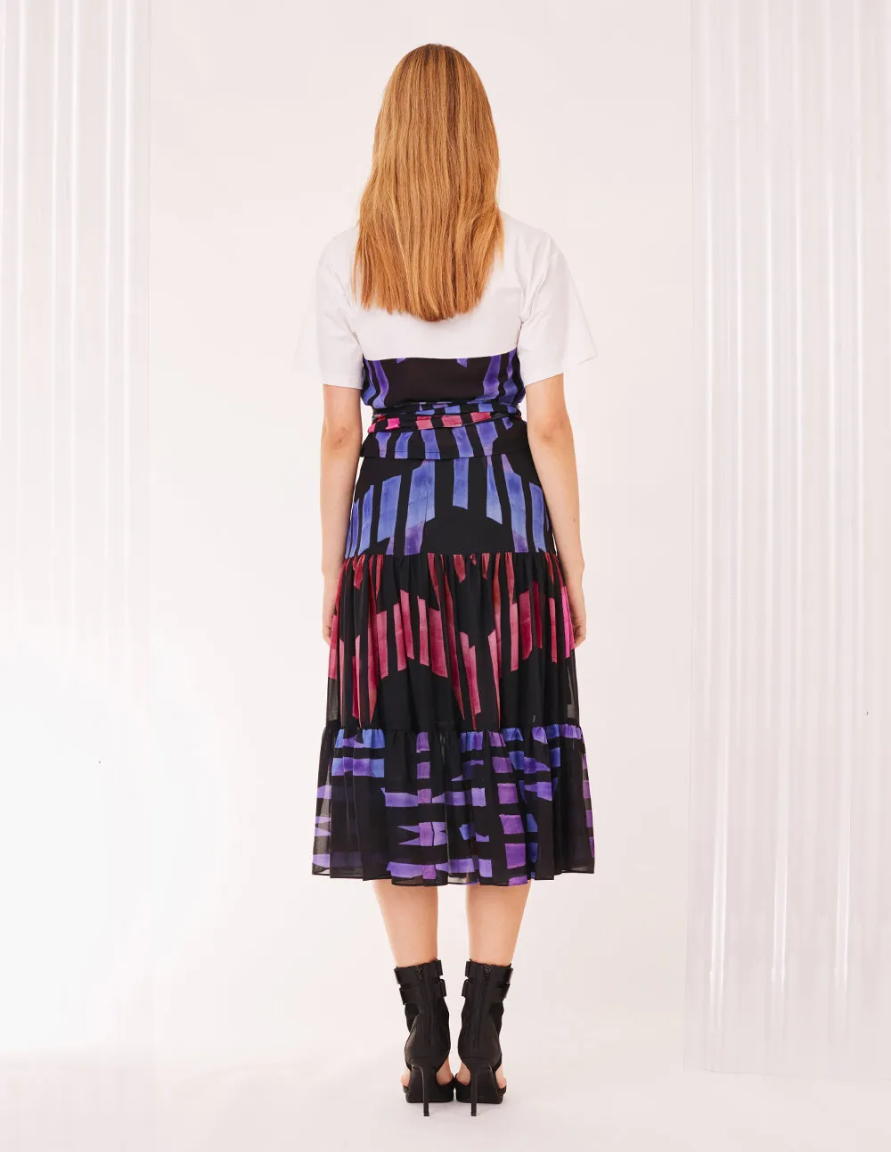 MARK FAST WOMEN GEORGETTE STRIPE PRINT PATCH SKIRT