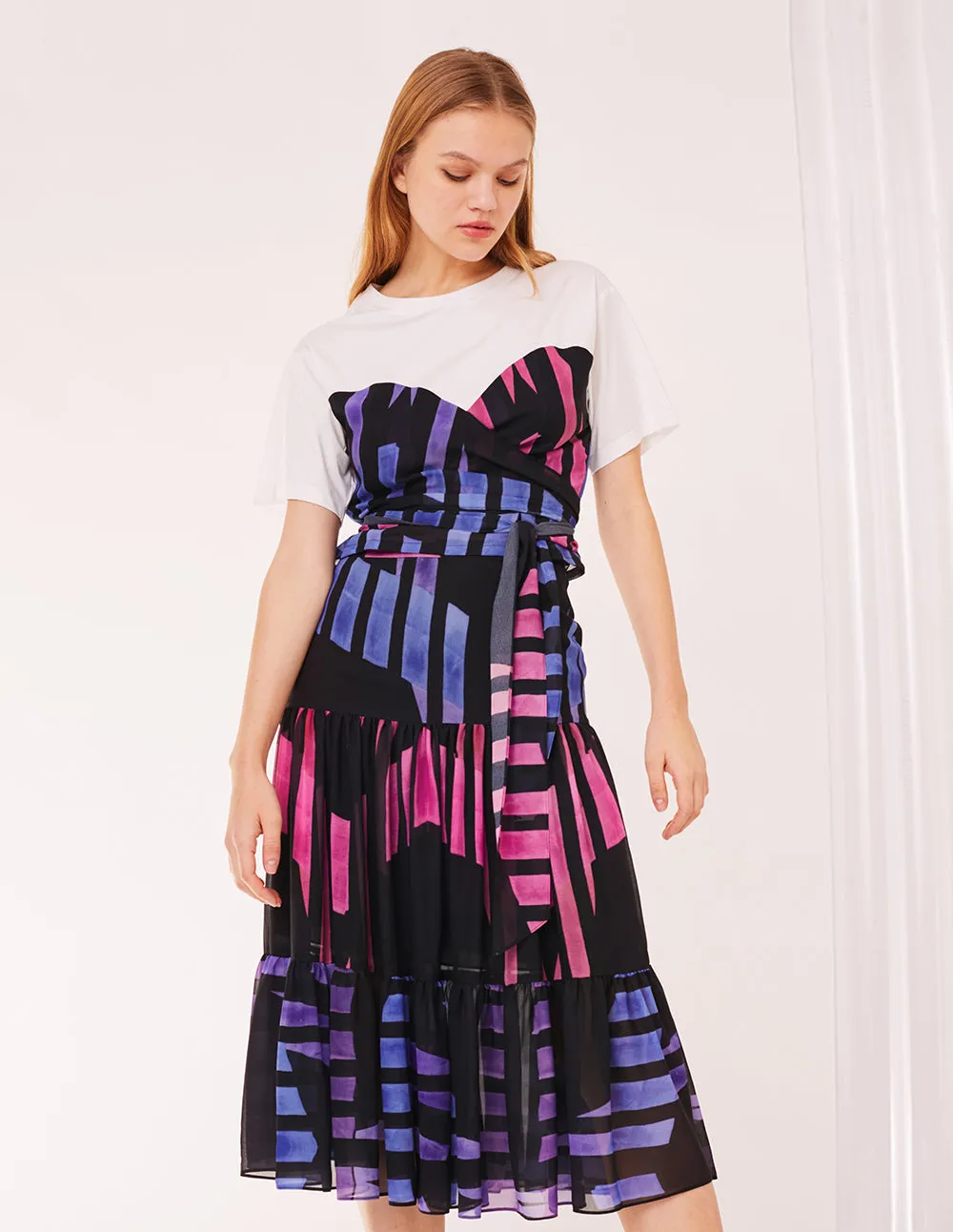 MARK FAST WOMEN GEORGETTE STRIPE PRINT PATCH SKIRT