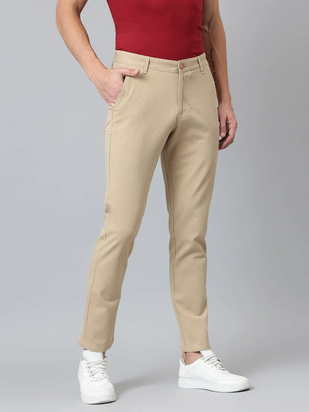 Men Beige Slim Fit Mid Rise Casual Trouser