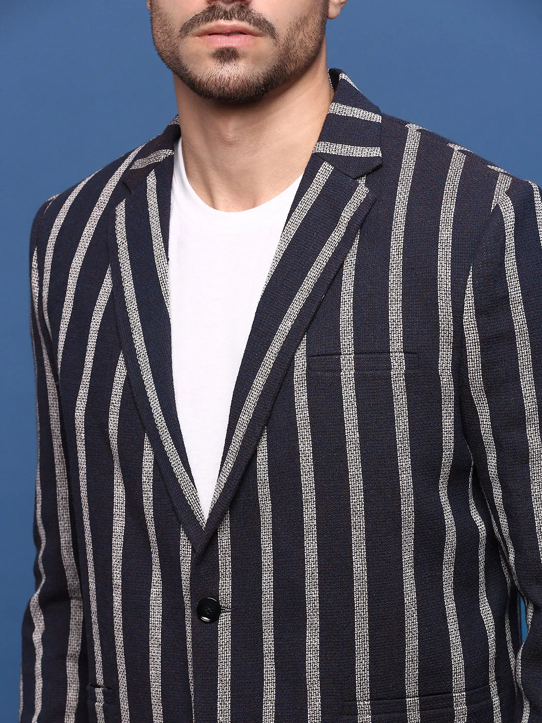 Men Navy Blue Slim Fit Single-Breasted Checked Notched Lapel Cotton Blazers