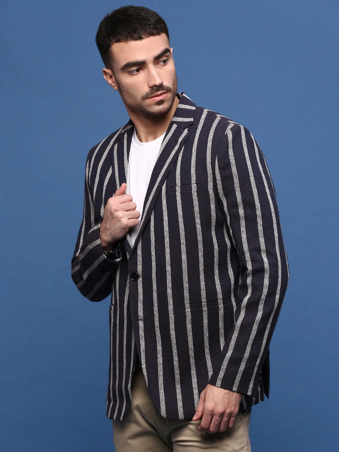 Men Navy Blue Slim Fit Single-Breasted Checked Notched Lapel Cotton Blazers