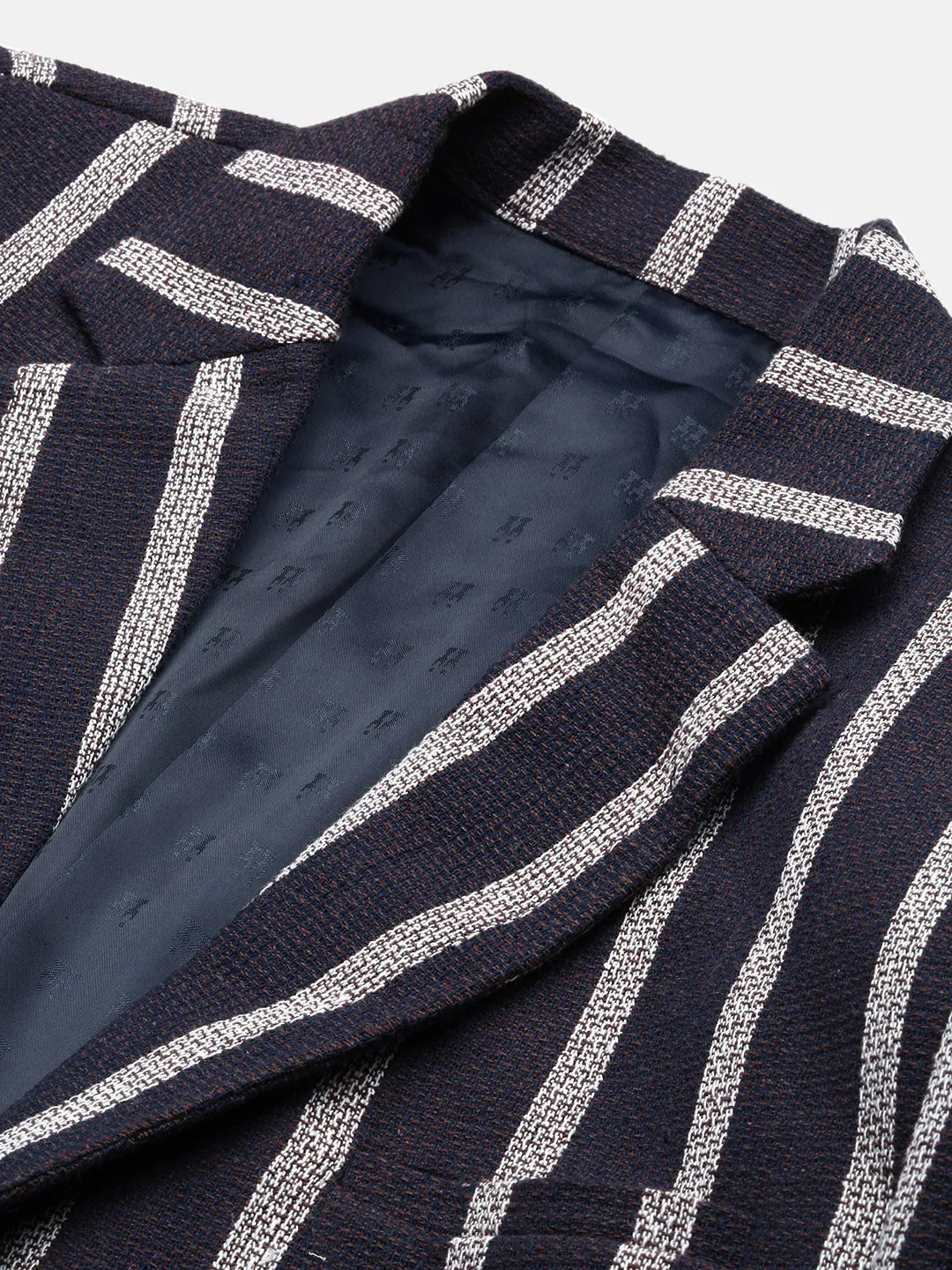Men Navy Blue Slim Fit Single-Breasted Checked Notched Lapel Cotton Blazers