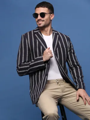 Men Navy Blue Slim Fit Single-Breasted Checked Notched Lapel Cotton Blazers