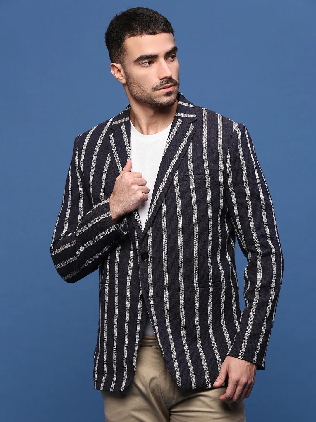 Men Navy Blue Slim Fit Single-Breasted Checked Notched Lapel Cotton Blazers