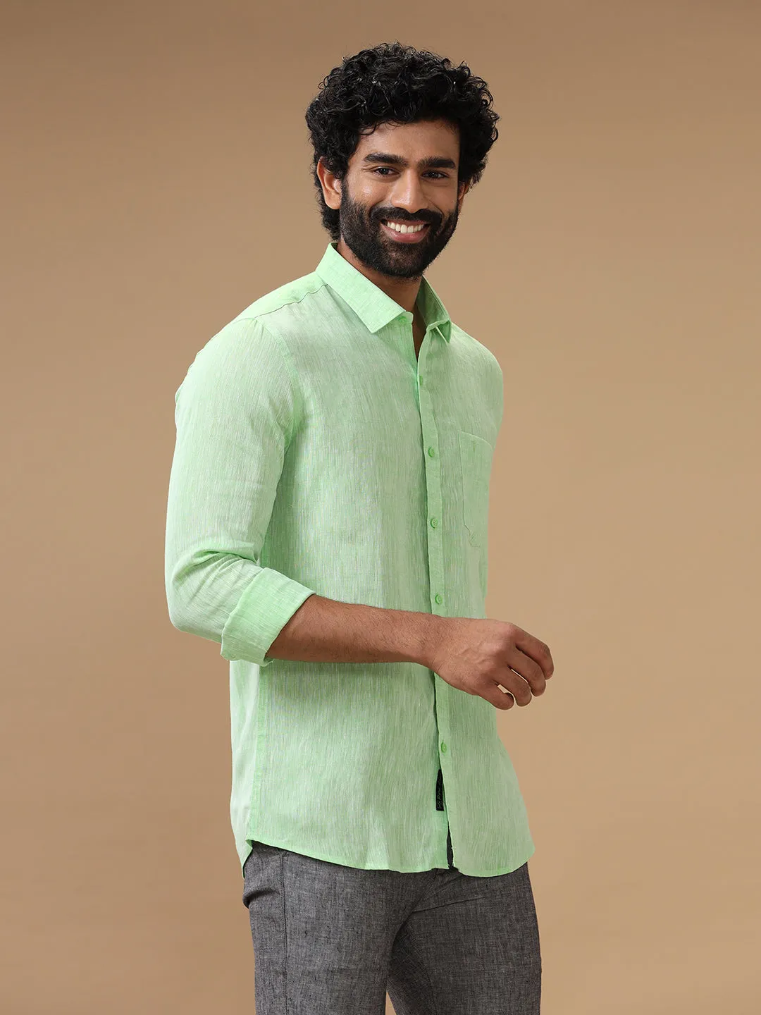 Men Pure Linen Shirt Green - L25