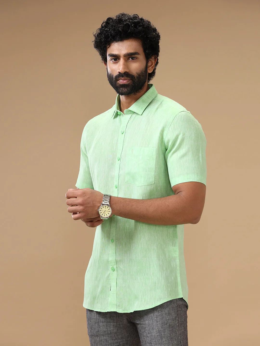 Men Pure Linen Shirt Green - L25