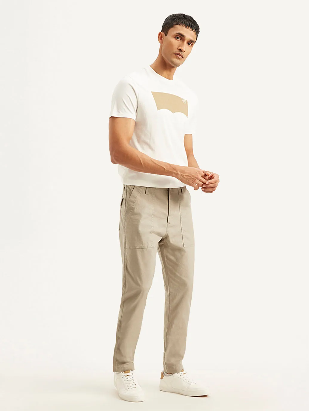 Men's Beige Slim Fit Utility Linen Trousers