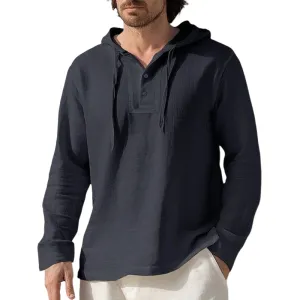 Men's Skin-friendly Linen Solid Color Long Sleeve Hoodie 93111083U