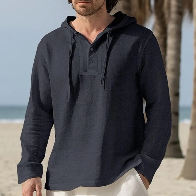 Men's Skin-friendly Linen Solid Color Long Sleeve Hoodie 93111083U