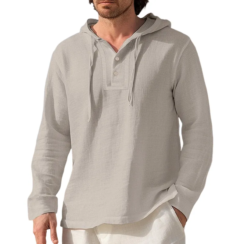 Men's Skin-friendly Linen Solid Color Long Sleeve Hoodie 93111083U