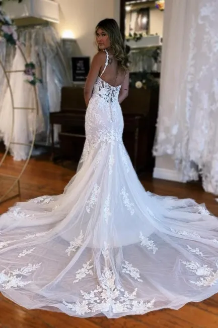 Mermaid Sweetheart Floor-Length Straps Sleeveless Tulle Wedding Dress with Appliques
