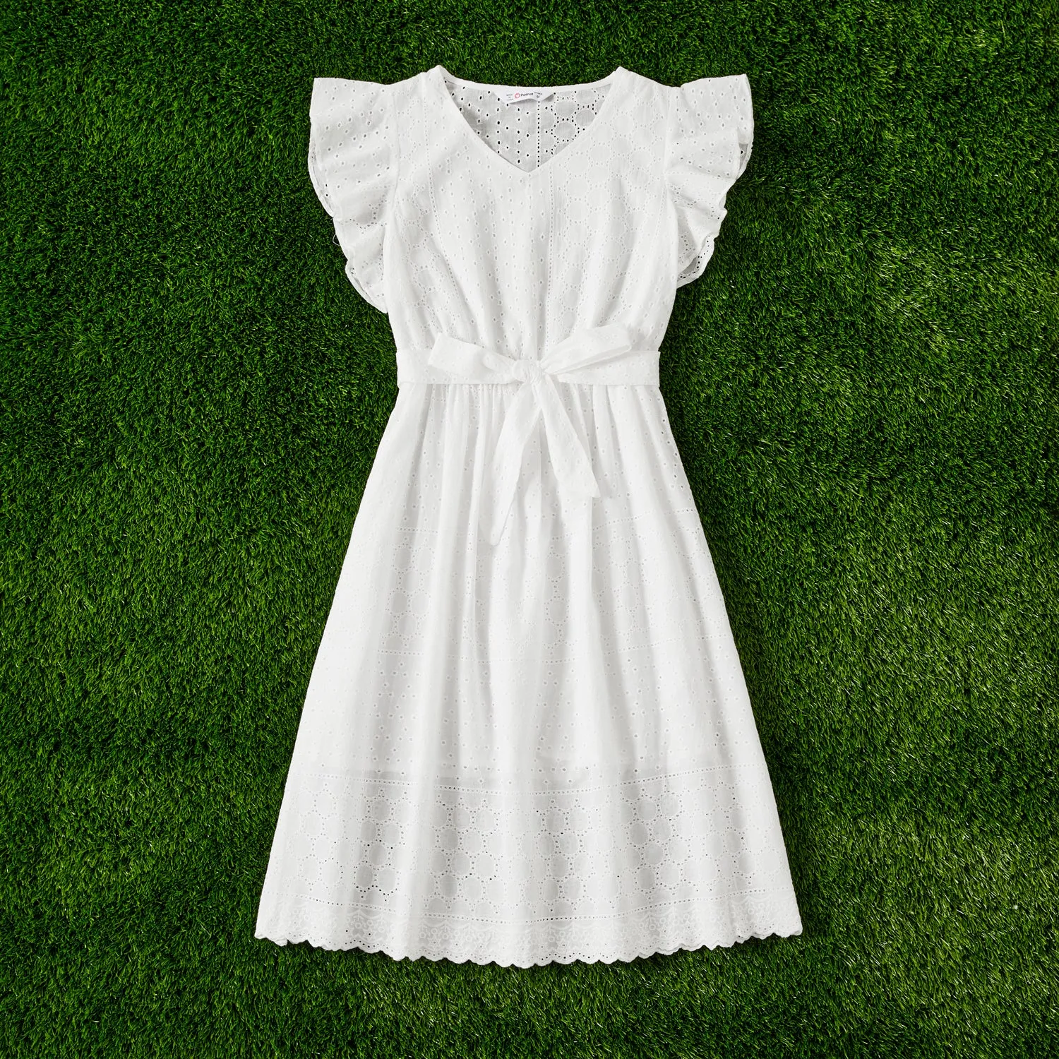 Mommy and Me 100% Cotton Solid Textured Flutter-sleeve Belted Dresses
