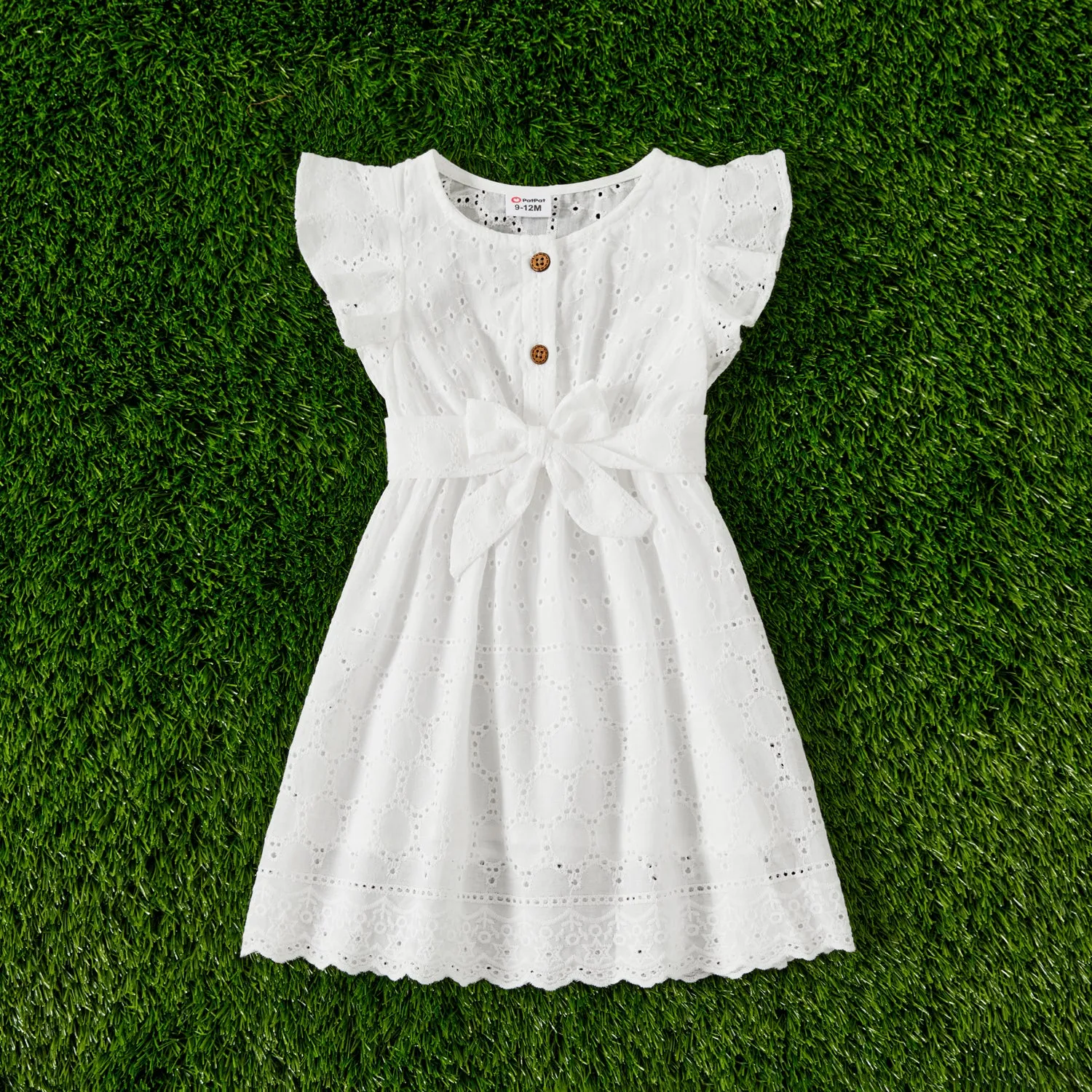 Mommy and Me 100% Cotton Solid Textured Flutter-sleeve Belted Dresses