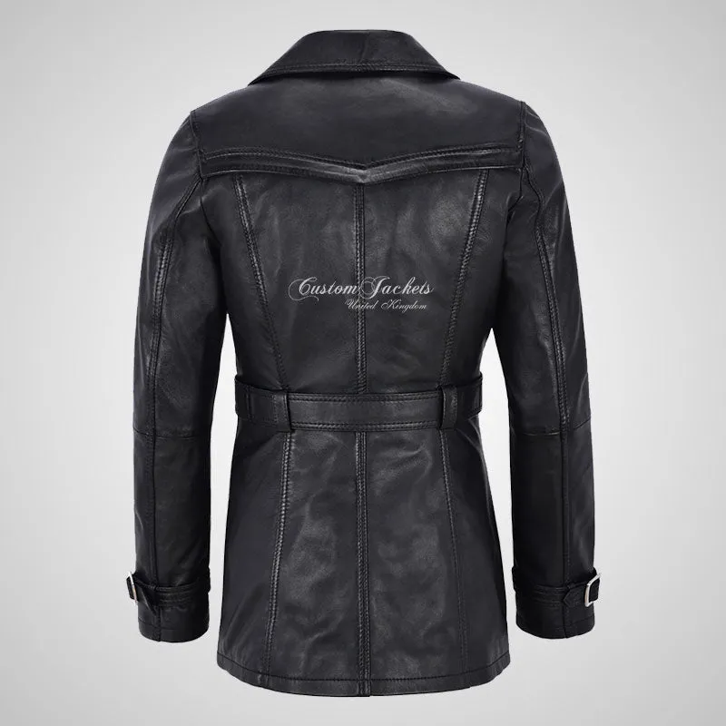 PARIS Ladies Leather Trench Coat Double Breasted Belted