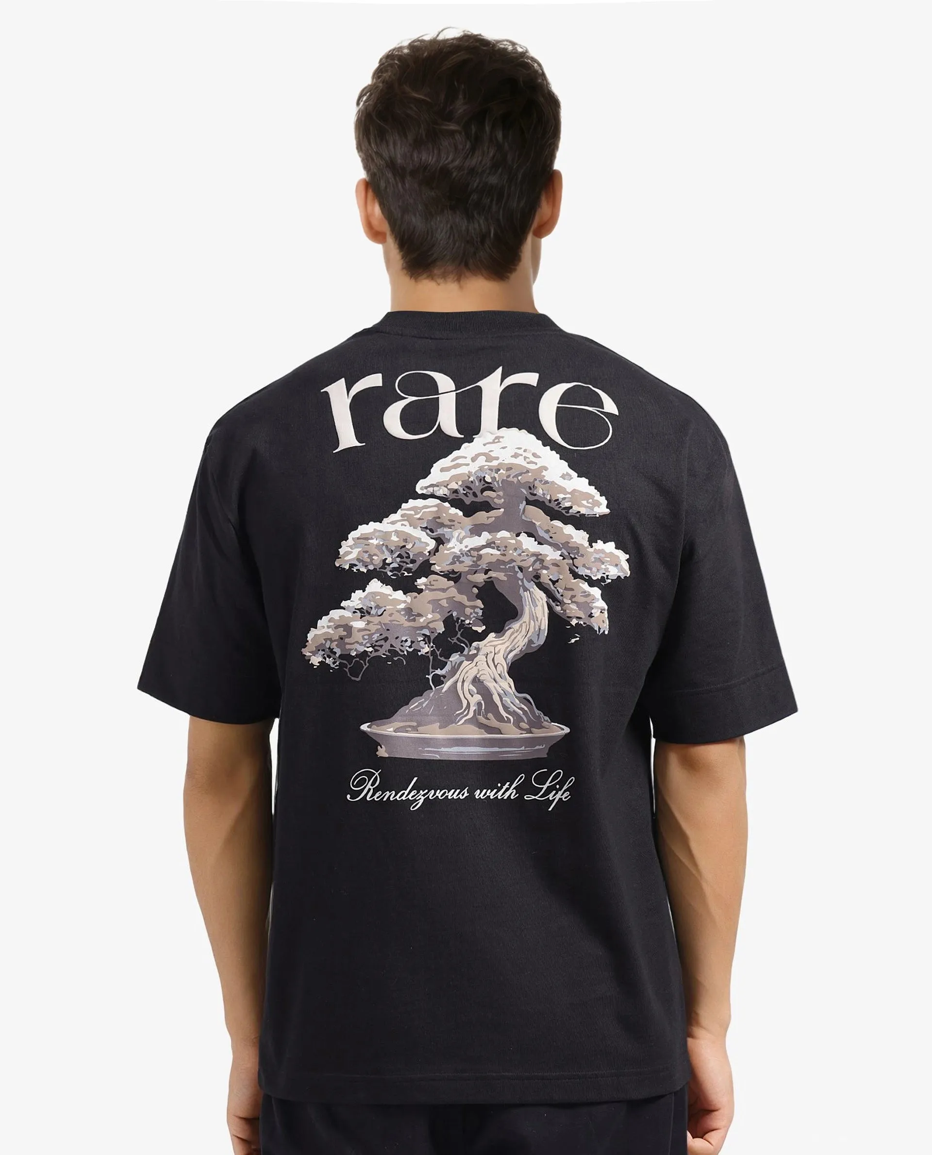 Rare Rabbit Men Bonz-1 Black Knitted Short Sleeve Crew Neck Oversized Fit Puff Graphic Print T-Shirt