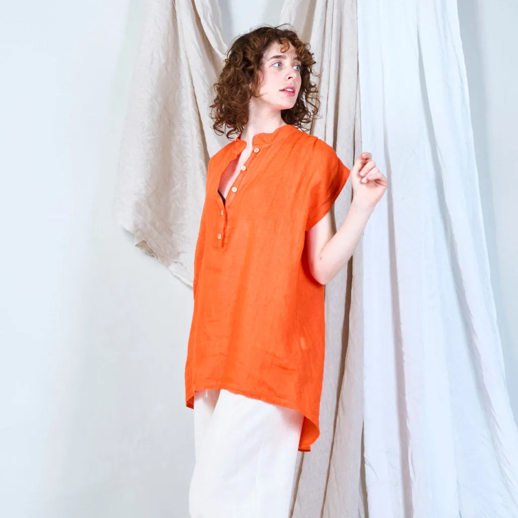 Relaxed linen tunic with stand collar wholesale