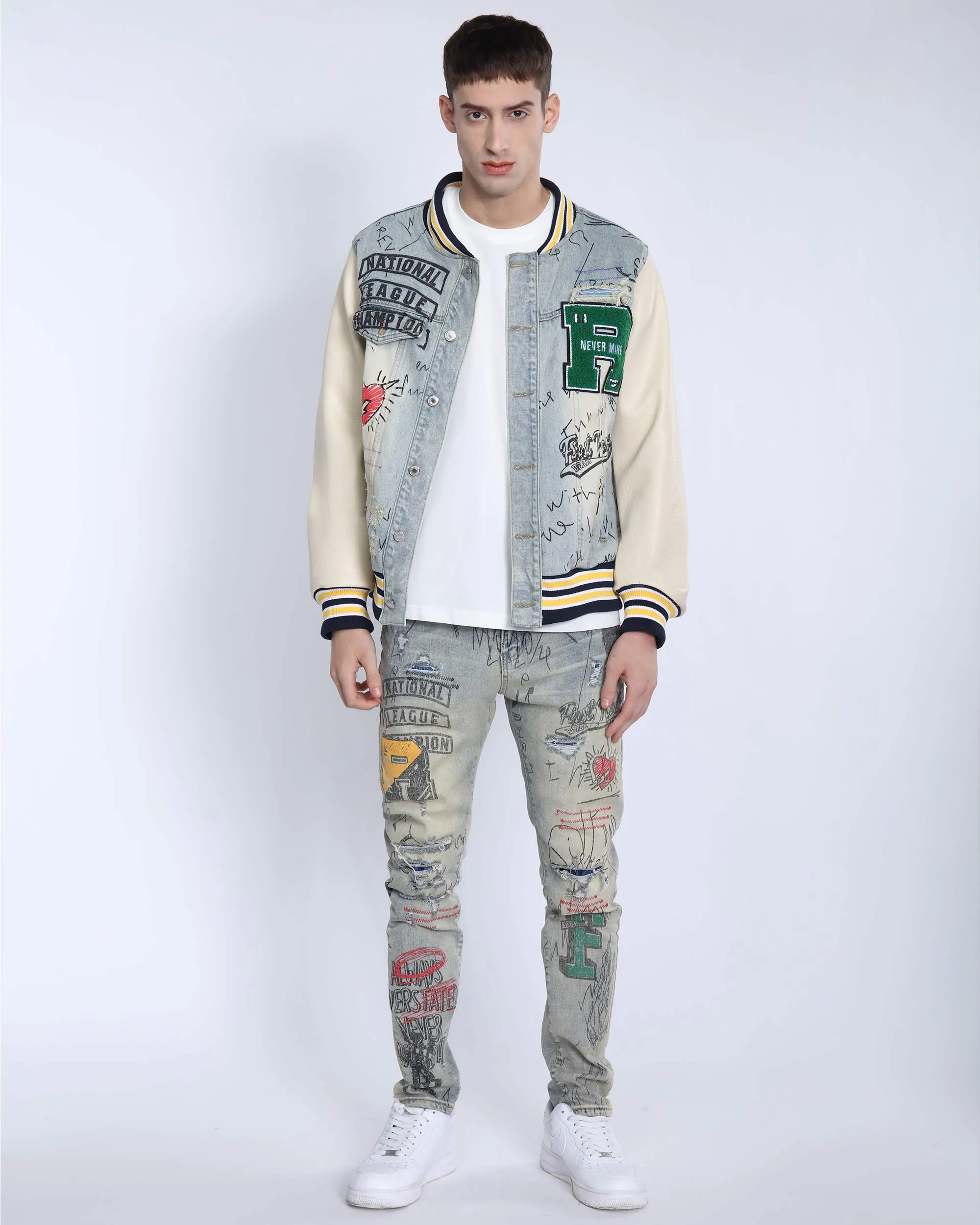 Retro Baseball Denim Jacket with Distressed Details