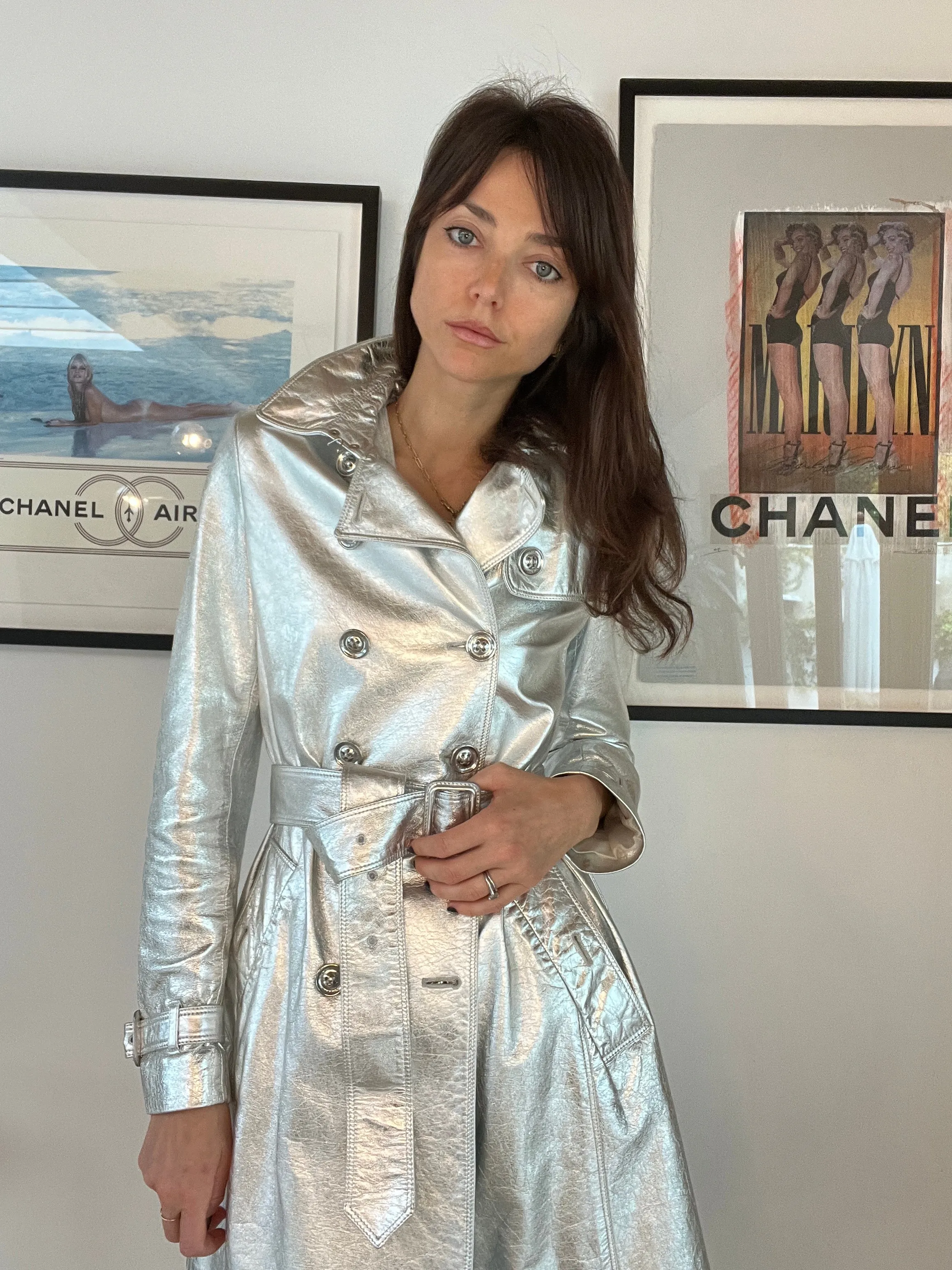 Silver Leather Trench Coat - US6
