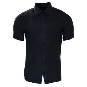 Solid Linen Classic Collar Short Sleeve Shirt (Navy)