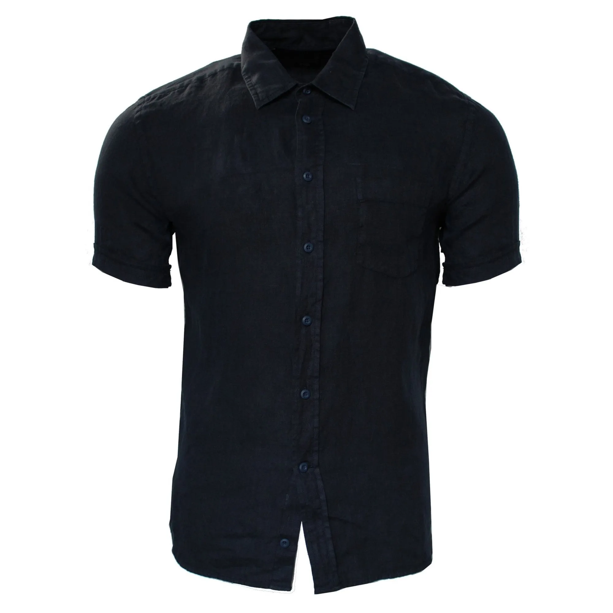 Solid Linen Classic Collar Short Sleeve Shirt (Navy)