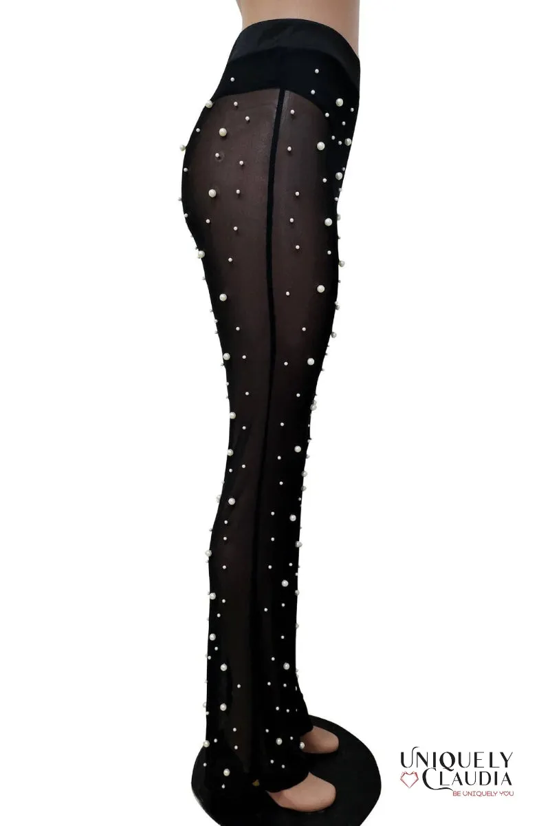 Sophie Wide-Leg Pearl Beaded Sheer Pants