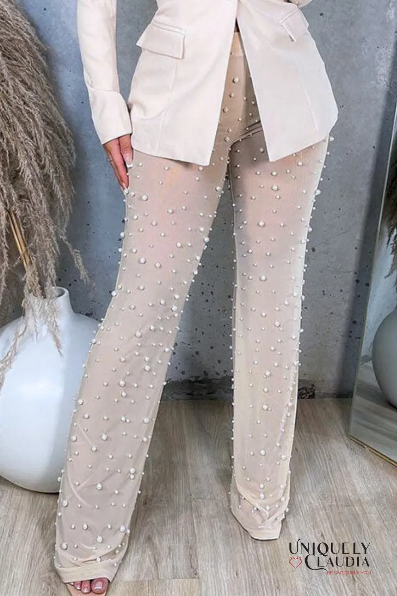 Sophie Wide-Leg Pearl Beaded Sheer Pants