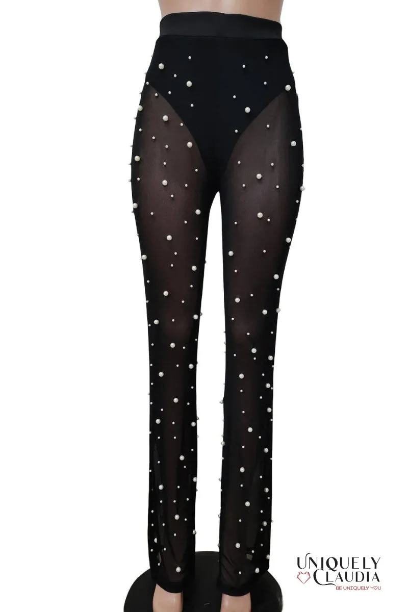 Sophie Wide-Leg Pearl Beaded Sheer Pants