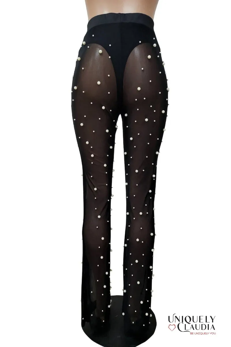 Sophie Wide-Leg Pearl Beaded Sheer Pants