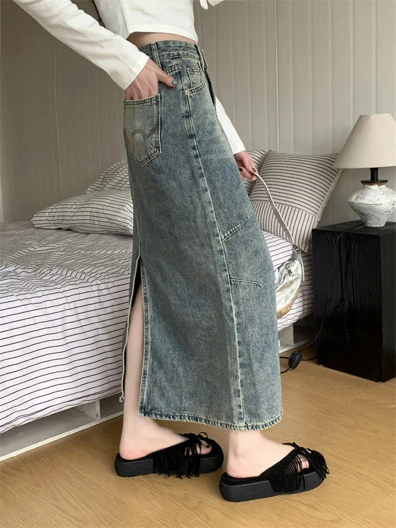 Street Retro Split High Waist Casual Denim Skirt