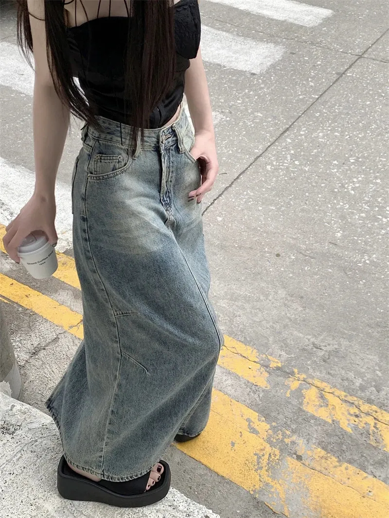 Street Retro Split High Waist Casual Denim Skirt