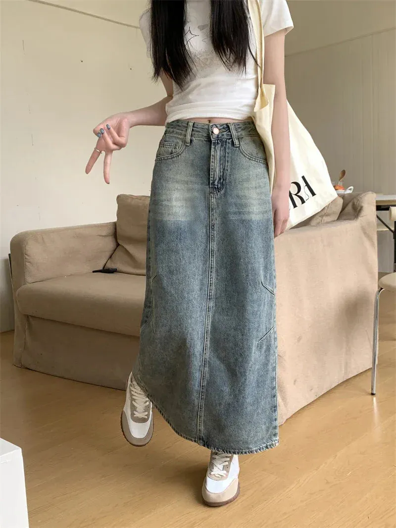 Street Retro Split High Waist Casual Denim Skirt